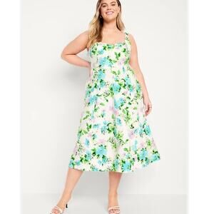 Old Navy Cream And Green Floral Linen Blend Midi Apron Fit And Flare Midi Dress